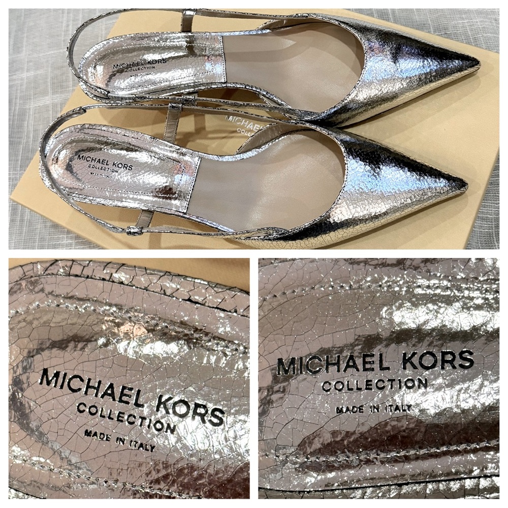 BrandNEW Michael Kors COLLECTION Hallie Runway Crackled Leather Pump, 41. Silver - Picture 9 of 16